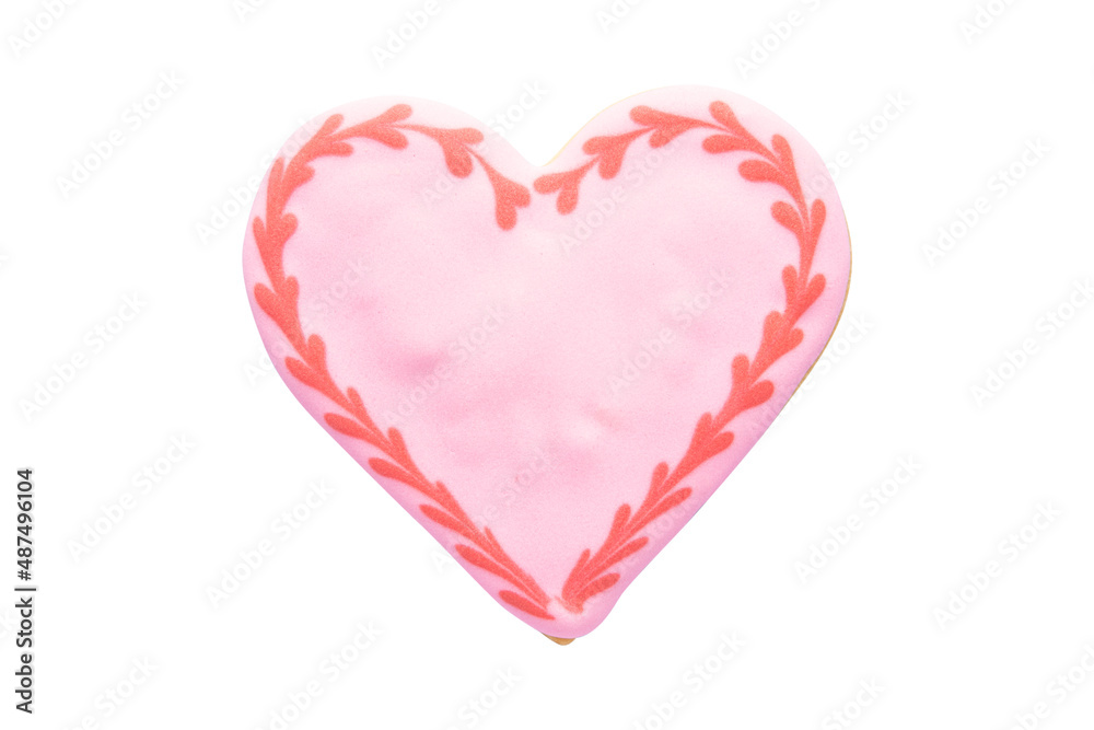 Pink Heart Shaped Cookie with Royal Icing Isolated on White Background