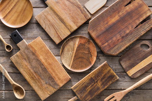 Принти на полотні Different cutting boards and plates on wooden background