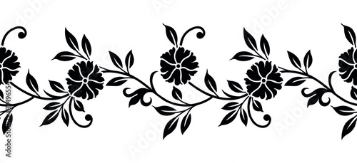 Seamless black and white ornamental floral border