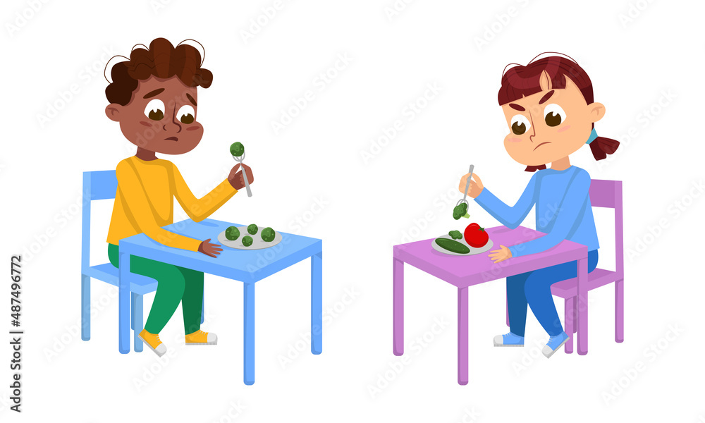 Boy and girl sitting at table eating vegetables. Healthy diet for children cartoon vector illustration Boy and girl sitting at table eating vegetables. Healthy diet for children cartoon vector illustration