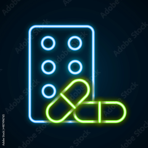 Glowing neon line Sports doping, anabolic drugs with dumbbell icon isolated on black background. Anabolic steroids tablet. Pills in jar. Colorful outline concept. Vector