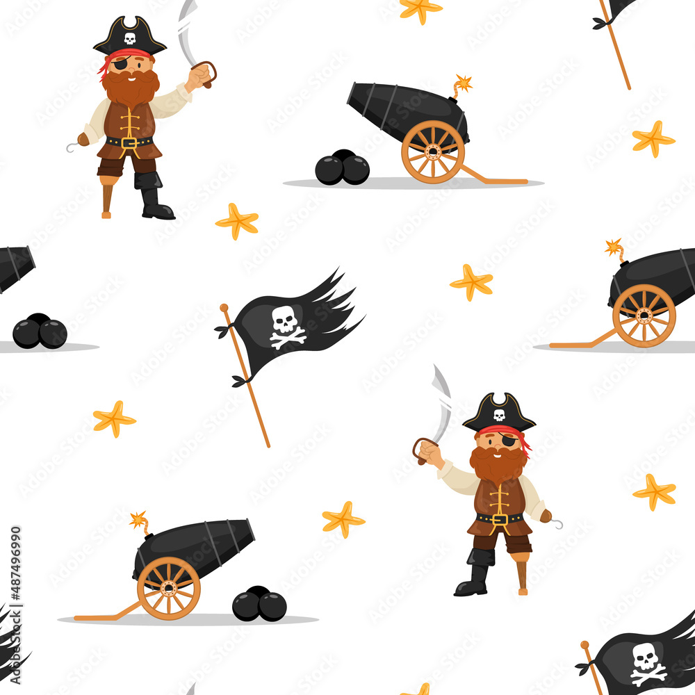 Seamless pattern with pirate cannon, flag and captain. Childish vector ...