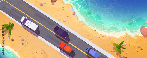 Road with cars top view, straight two lane highway along sea beach with sand and palm trees. Cartoon overhead background with vehicles riding at asphalt pathway, route direction Vector illustration