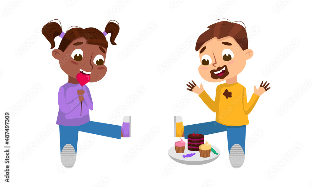 Happy boy and girl eating sweets set. Kids enjoying of eating of unhealthy food cartoon vector illustration