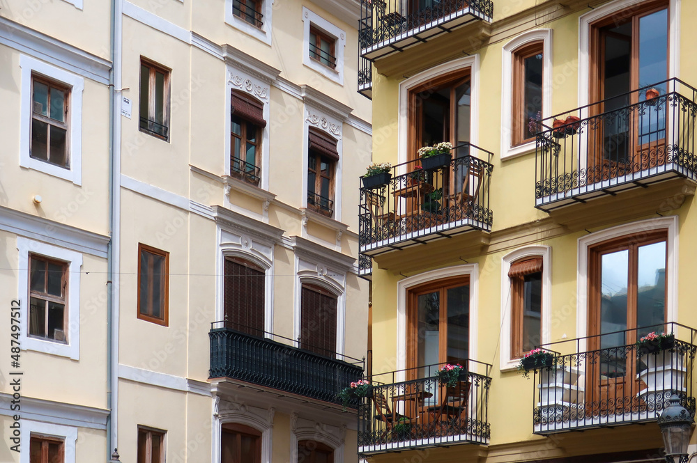 Close up of facades of buildings in Valencia city centre Close up of facades of buildings in Valencia city centre