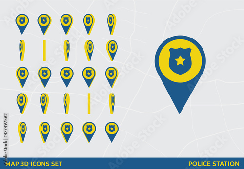 Maps 3D Icon Set Rotation Police Station Sign Vector Illustration