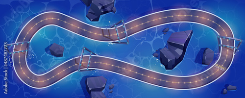 Race track for cars over sea water surface at night top view, road circle with glowing illumination, start and finish line cartoon background for game, racetrack location, asphalted vector way loop