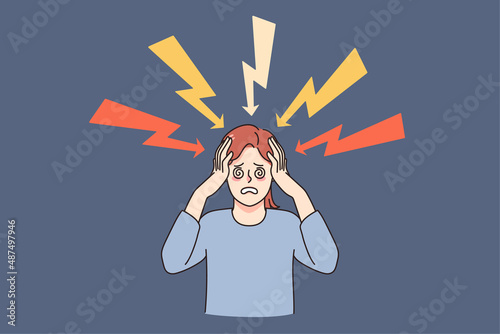 Unhappy frustrated woman stressed with life problems or thoughts feel depressed and overwhelmed. Upset female suffer from workload or troubles, have anxiety or panic attack. Vector illustration. 