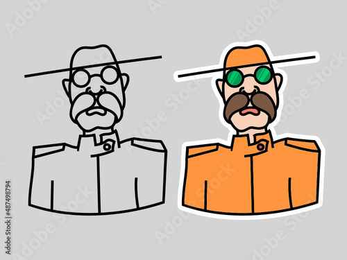 Mustachioed man in a hat and green glasses. Vector character.