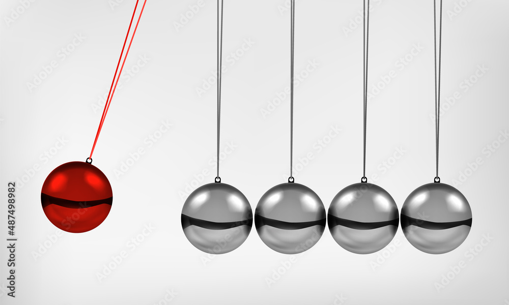 Newton's cradle pendulum with swinging spheres red metal ball 3d realistic vector illustration. Hanging balancing balls of newtons cradle science business gadget leadership or communication concept. Newton's cradle pendulum with swinging spheres red metal ball 3d realistic vector illustration. Hanging balancing balls of newtons cradle science business gadget leadership or communication concept.