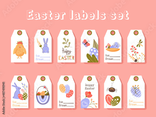 Easter greeting gift labels and tags collection with cute bunny, eggs and flowers. Spring holiday template for seasonal wrapping, packaging, stickers. Colored flat vector illustration