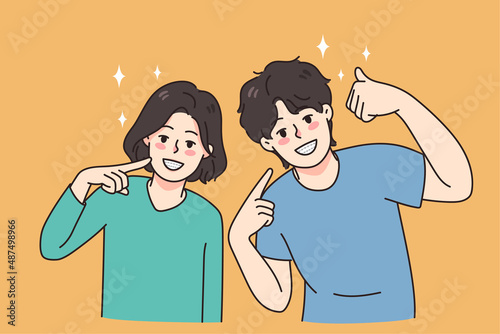 Happy children point at teeth wear braces system for healthy even smile. Teen boy and girl kids recommend bracket for tooth oralcare and treatment. Dental health concept. Vector illustration. 