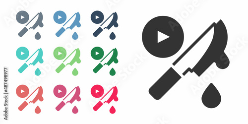 Black Thriller movie icon isolated on white background. Bloody knife. Suspenseful cinema genre, survival horror. Shocking films with gore and violence. Set icons colorful. Vector