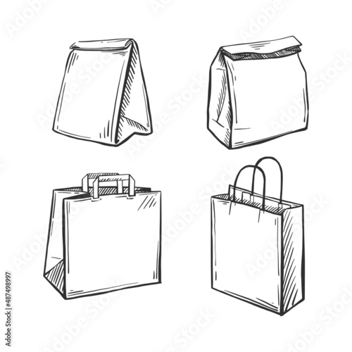 Various Delivery bag sketch set on a white isolated background. Paper Bag for Grocery Shopping. Lunch package. Vector hand-drawn illustration. Vector illustration