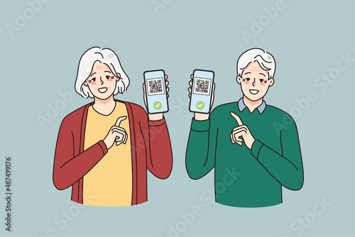 Smiling old man and woman show digital qr codes vaccination certificates on cellphones. Happy mature couple demonstrate covid vaccinating health passport on smartphone. Vector illustration. 
