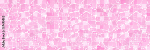 Water pool top view background with pink tiled floor and ripples on aqua surface. Swimming basin transparent liquid texture with shining sun rays light reflection, Realistic 3d vector illustration