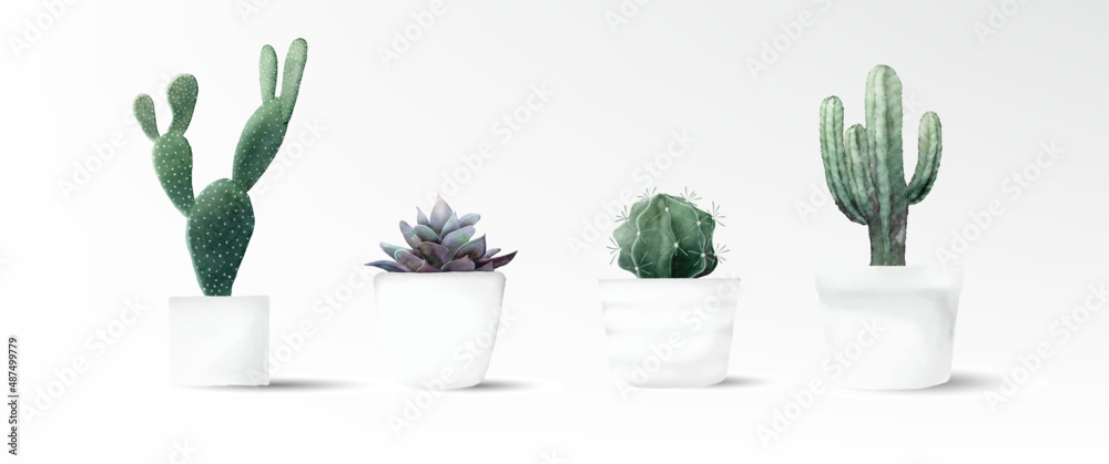 Watercolor cactus minimal collection 2 in cement pot vector design ...
