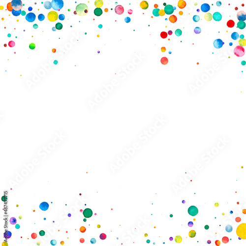 Watercolor confetti on white background. Actual rainbow colored dots. Happy celebration square colorful bright card. Classy hand painted confetti.