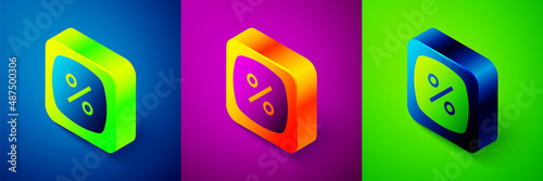 Isometric Discount percent tag icon isolated on blue, purple and green background. Shopping tag sign. Special offer sign. Discount coupons symbol. Square button. Vector