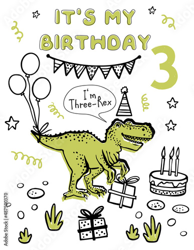 Happy birthday boy 3 years dino. Cute dinosaur doodle card. Funny Dino poster collection. Textile design for baby boy on white background. Cartoon monster vector illustration.