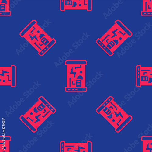 Red Futuristic cryogenic capsules or containers icon isolated seamless pattern on blue background. Cryonic technology for humans or cryogenic chamber. Vector