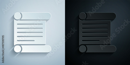 Paper cut Decree, paper, parchment, scroll icon icon isolated on grey and black background. Paper art style. Vector