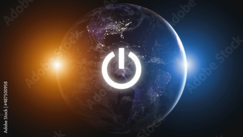 Earth day.Planet Earth and electric power button. Elements of this image furnished by NASA
