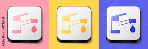 Isometric Water tap icon isolated on pink, yellow and blue background. Square button. Vector