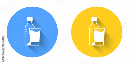 White Bottle of water with glass icon isolated with long shadow background. Soda aqua drink sign. Circle button. Vector