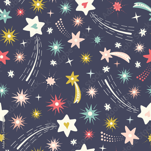 Shooting star pattern background.Vector seamless repeat of vintage stars