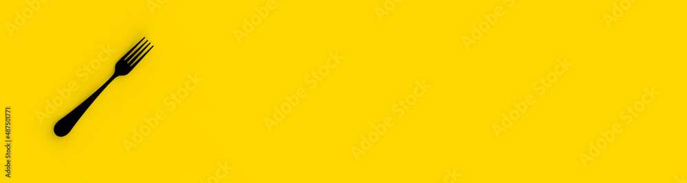 Fork is black on yellow background. Isolated object. Horizontal image. Banner for insertion into site. 3D image. 3D rendering.