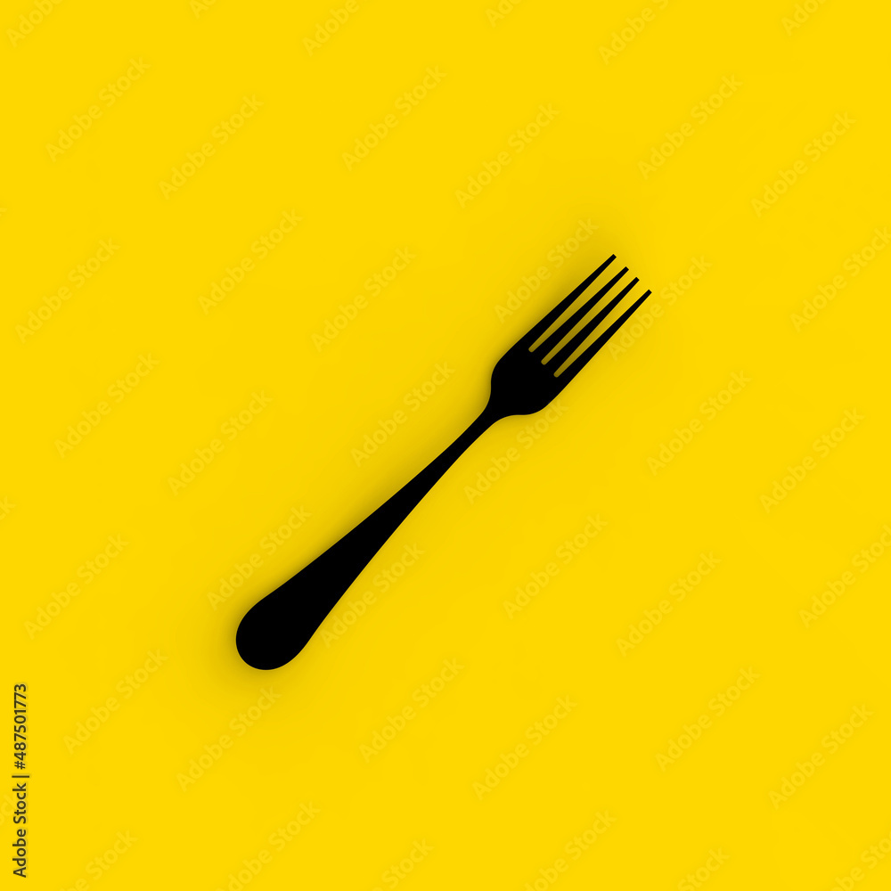 Fork is black on yellow background. Isolated object. Square image. 3D image. 3D rendering. Fork is black on yellow background. Isolated object. Square image. 3D image. 3D rendering.