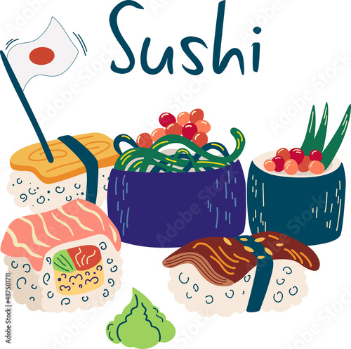 Sushi. Japanese food. Healthy food from rice nori and fish. Clipart element for printing, advertising, menus, restaurant and web design Vector illustration cartoon style.