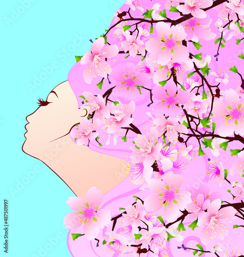 woman face with cherry blossom