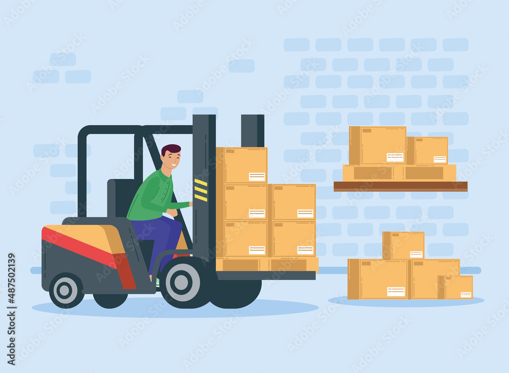 worker with forklift and boxes worker with forklift and boxes