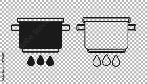 Black Cooking pot on fire icon isolated on transparent background. Boil or stew food symbol. Vector