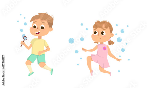 Cute boy and girl blowing and playing with soap bubbles set cartoon vector illustration
