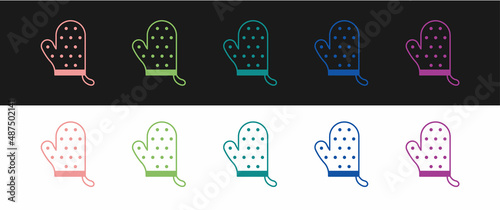 Set Oven glove icon isolated on black and white background. Kitchen potholder sign. Cooking glove. Vector