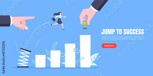 Business mentor helps to improve career with springboard vector illustration. Business person jumps above career ladder graph. Success growth, motivation opportunity, boost career concept.