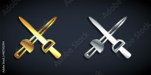Gold and silver Fencing icon isolated on black background. Sport equipment. Long shadow style. Vector