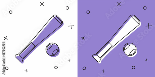 Set Baseball bat with ball icon isolated on white and purple background. Vector