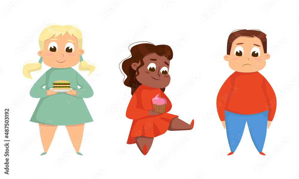 Overweight kids eating unhealthy food set. Cute chubby boy and girls. Children obesity concept cartoon vector illustration Overweight kids eating unhealthy food set. Cute chubby boy and girls. Children obesity concept cartoon vector illustration
