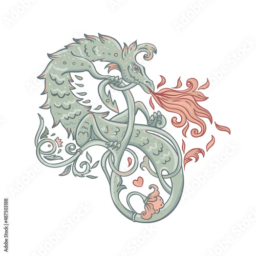 Mythological magic beast Basilisk, legendary bizarre creature. Decorative design in medieval style. Dragon, burning flame. Vector illustration.