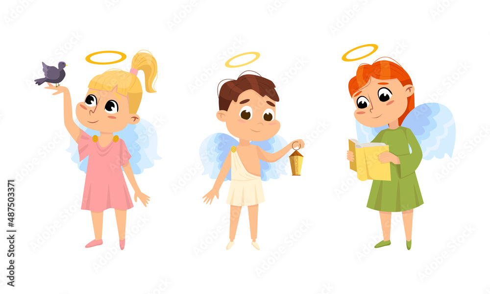 Adorable baby angels set. Angelic boy and girls with wings and nimbus cartoon vector illustration Adorable baby angels set. Angelic boy and girls with wings and nimbus cartoon vector illustration