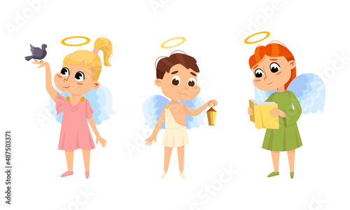 Adorable baby angels set. Angelic boy and girls with wings and nimbus cartoon vector illustration