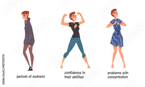 Set of bipolar disorder symptoms. Periods of sadness, confidence in their abilities, problems with concentration cartoon vector illustration