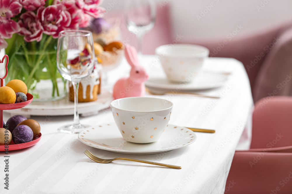 Festive table setting for Easter celebration, closeup Festive table setting for Easter celebration, closeup