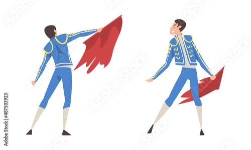 Spanish toreadors set. Bullfighter character in traditional costume with red cloth cartoon vector illustration