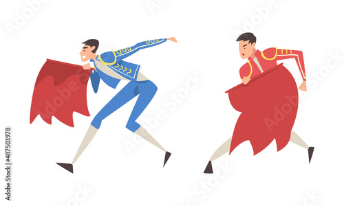Toreadors set. Bullfighter character in traditional costume with red cloth at Spanish corrida performance cartoon vector illustratio