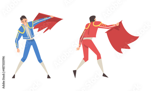 Toreadors set. Bullfighters in traditional costume with red cloth performing at Spanish corrida cartoon vector illustration